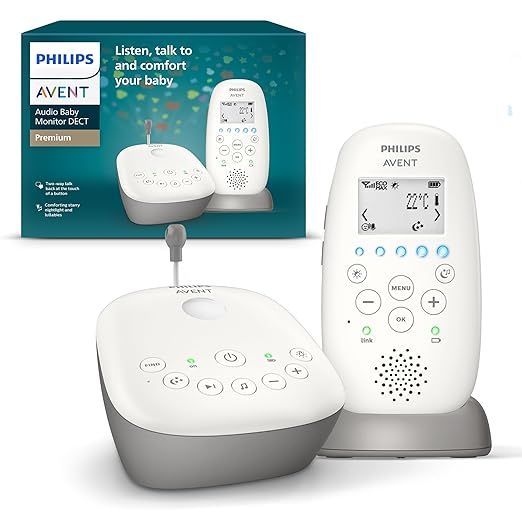 Philips AVENT Audio Babyphone, DECT-Technologie, Eco-Mode, Sternenhimmel, Gegensprechfunktion, Schlaf- und Nachtlieder, 18 Std. Laufzeit, maximale Reichweite, weiß (Modell SCD733/26)