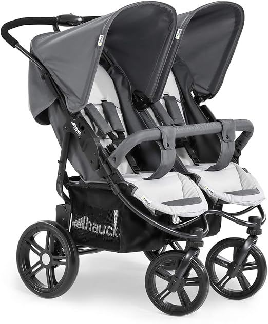 hauck Geschwisterwagen Roadster Duo SLX, Zwillingsbuggy ab Geburt bis 15 kg (ca. 3 Jahren) mit Liegefunktion, XL Korb, Einfach und Klein Zusammenklappbar, Große Räder (Grey/Silver)