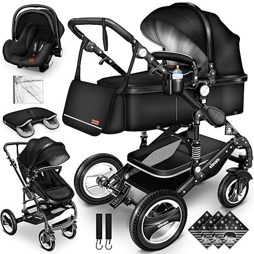 KIDUKU® 3 in 1 Kinderwagen XXL Komplettset | Kombikinderwagen Set inkl. Babywanne Buggy Sportsitz & Auto-Babyschale Fußsack | Vollgummireifen Wickeltasche Handwärmer Regenschutz Kindertisch ECE R129