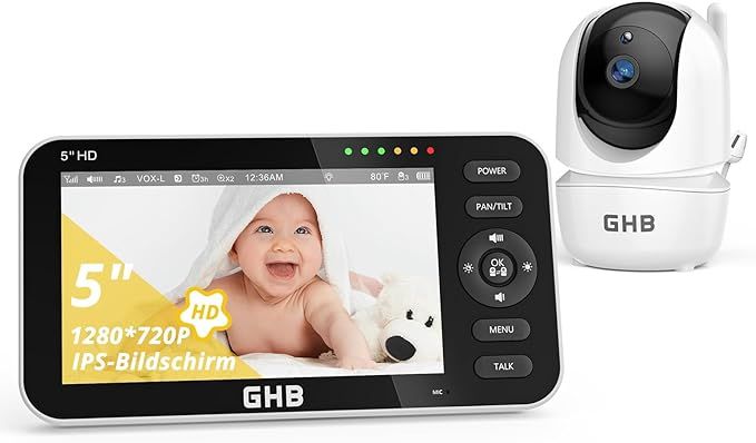 GHB Babyphone mit Kamera 5 Zoll 720P HD Display mit bis zu 168h Akkulaufzeit im VOX Schlafmodus Gegensprechen Nachtsicht und Temperaturanzeige