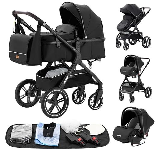 YAZOCO kinderwagen 3 in 1 Buggy Babybett Komplett Set Einem Klick Zusammenklappbarer Kinderwagen, KombiKinderwagen Aluminiumrahmen für Neugeborene Sitzzubehör (1 schwarz)