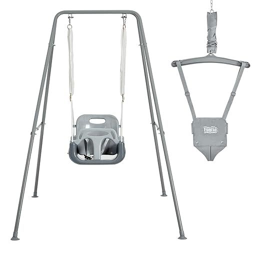 FUNLIO 2-in-1 Schaukeln Set und Baby Türhopser für Kleinkinder, Schaukelset für Kinder mit 4 Sandsäcken, Faltbarer Metallständer für drinnen und draußen, einfach zu montieren und aufzubewahren - Grau