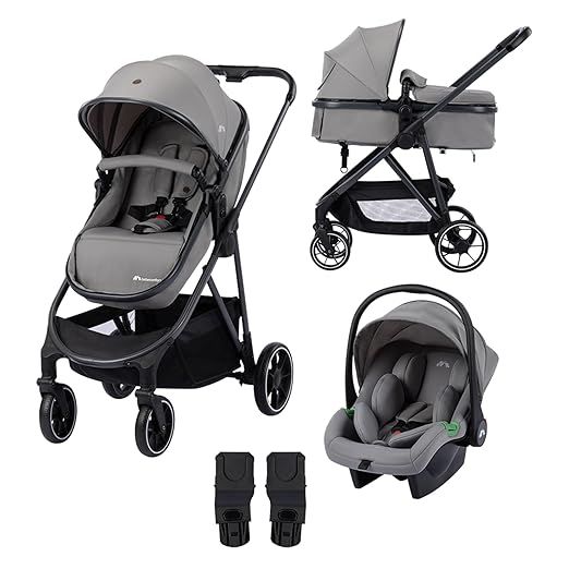 Bebeconfort Breeze Trio, Baby Kinderwagen 3 in 1 mit Kindersitz, 0-22 kg (0-4 Jahre), Reversibler & Leichter Kinderwagen Set, i-Size Kindersitz, Kompakter Faltmechanismus, Mineral Grey